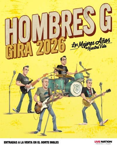 Concierto Hombres G en 2026, entradas disponibles para la gira, evento en vivo, espectáculo musical de los mejores años, venta de boletos en Ticketrona, concierto de rock en directo, eventos musicales en línea.